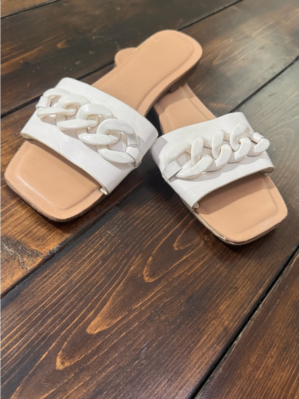 White Chain-Accent Slide Sandals 9